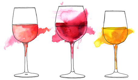 A set of vector and watercolor drawings of glass of rose, red, and white wine with splashes of paint, on white background