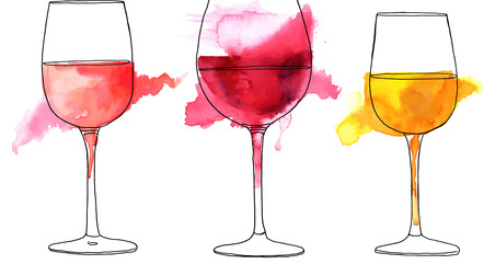 A set of vector and watercolor drawings of glass of rose, red, and white wine with splashes of paint, on white background
